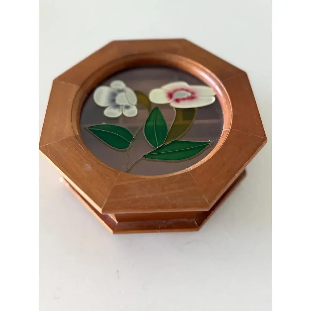 Vintage Octagonal Wood Jewelry Ring Box Hand Painted Floral Glass Lid Pink